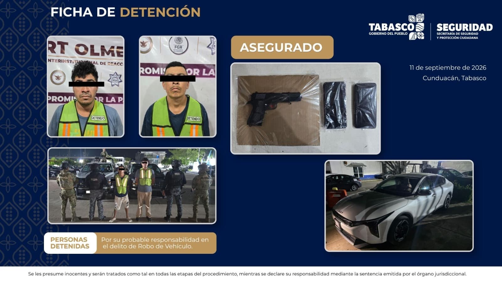 Caen “El Rojito” y “La Rata” en Cunduacán con auto robado y pistola de utilería