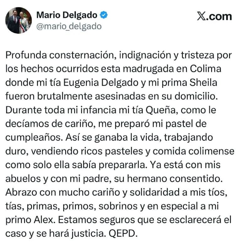 Lamenta Mario Delgado homicidio de su familia