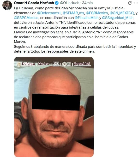 Detienen a reclutador de sicarios que ejecutaron a Carlos Manzo