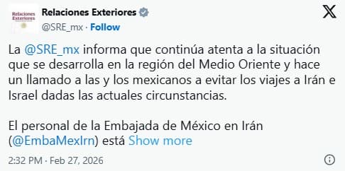 México pide no viajar a Israel e Irán