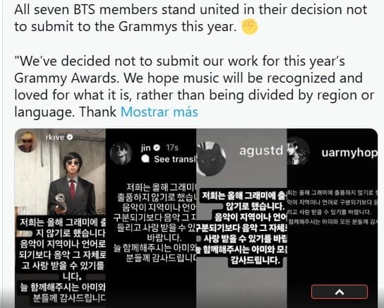 BTS rompe con los Grammy: El grupo se niega a participar en la edición 2027