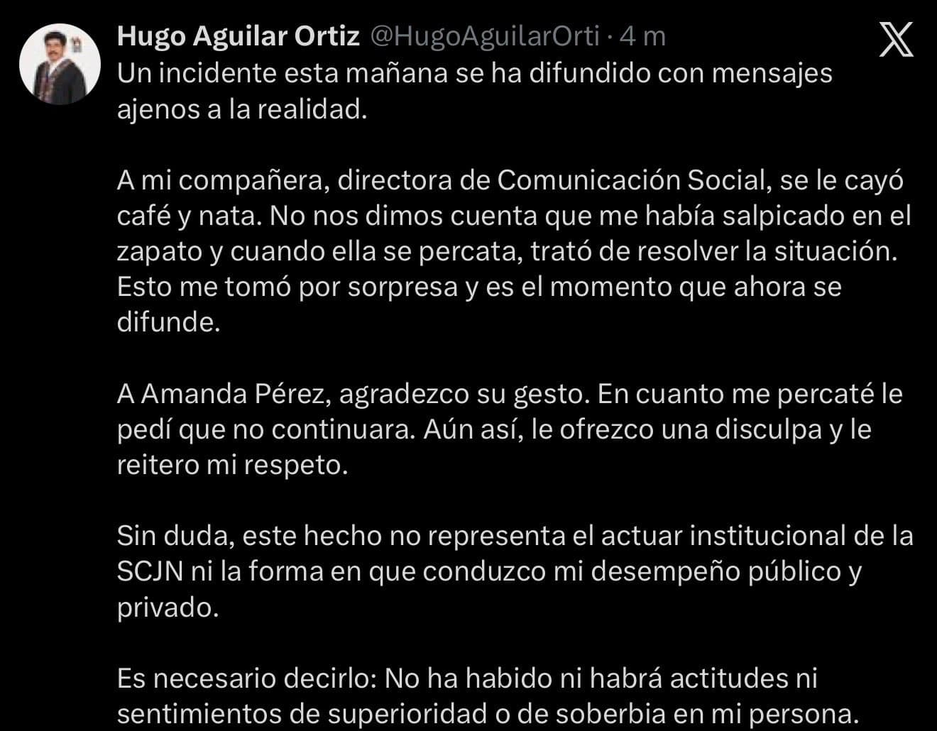 Me tiró el café en el zapato, pido disculpas: Ministro Aguilar