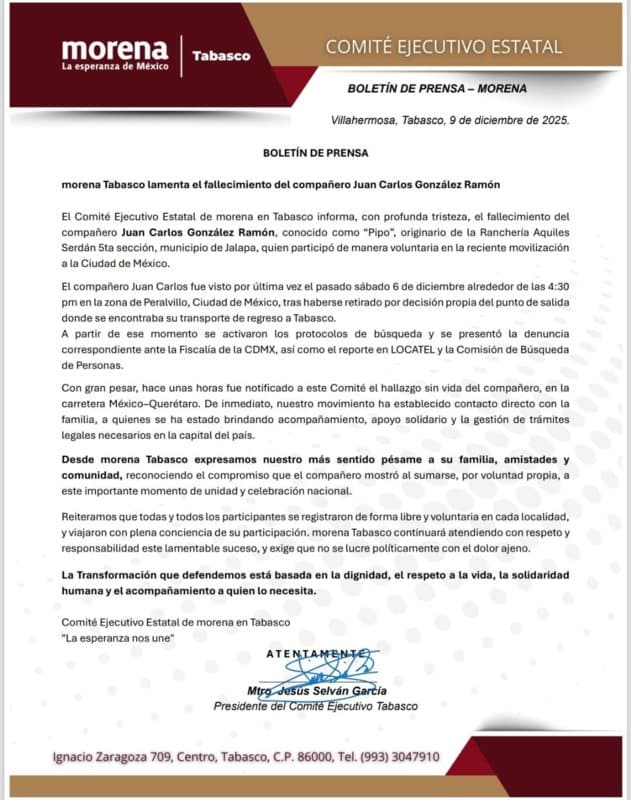 Confirman muerte de tabasqueño que fue a evento de la 4T