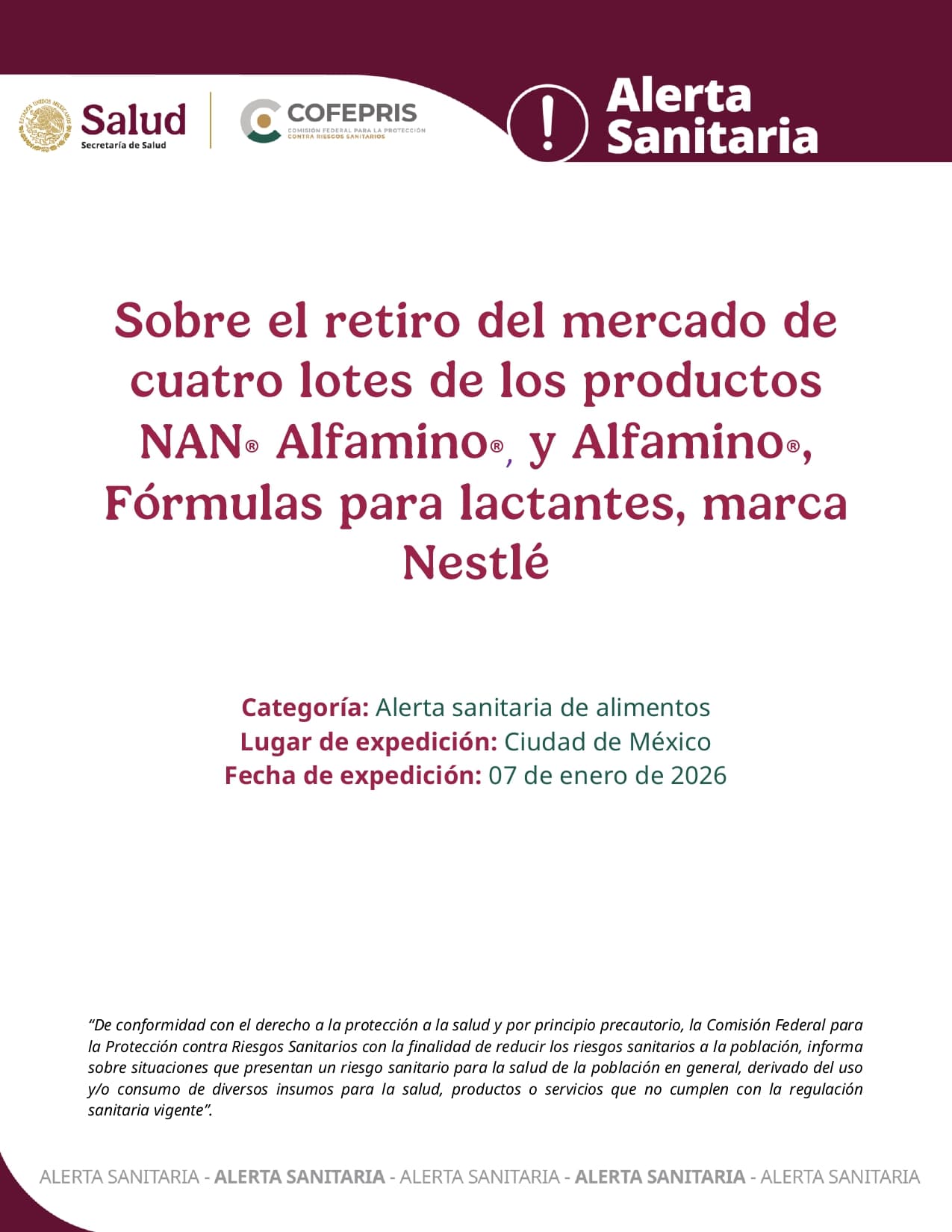 Confirman retiro de fórmulas lácteas contaminadas